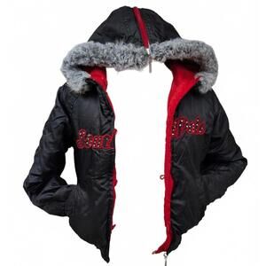 VTG South Pole Women's Size L Reversible Red Hooded Faux Fur Down Puffer Jacket